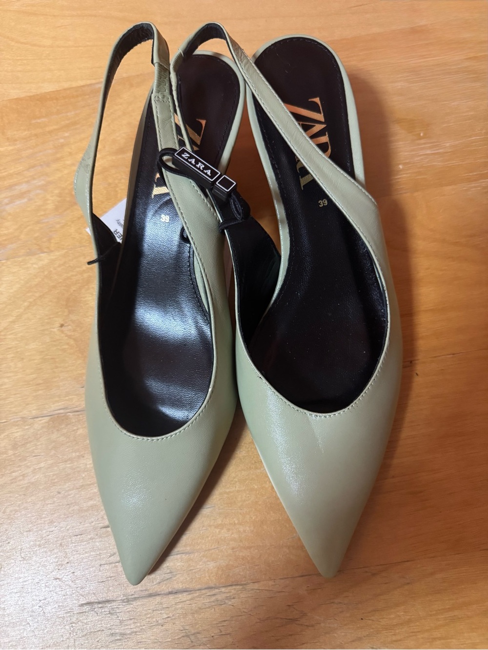 NEW Zara Sage/Olive Slingback Pointed-Toe Leather Heels